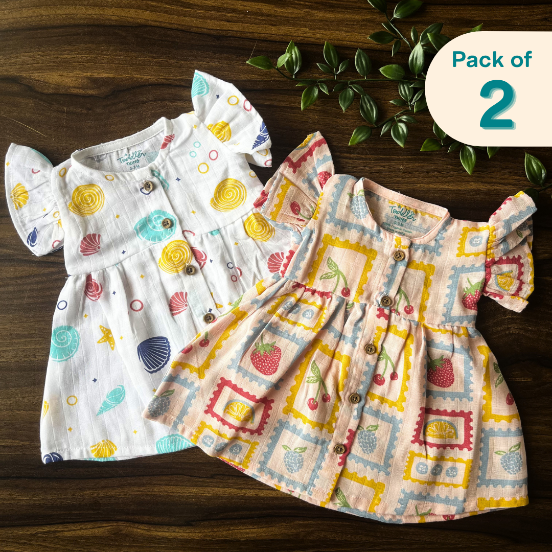Stamped Shells - Muslin Frill Frock (Pack of 2)