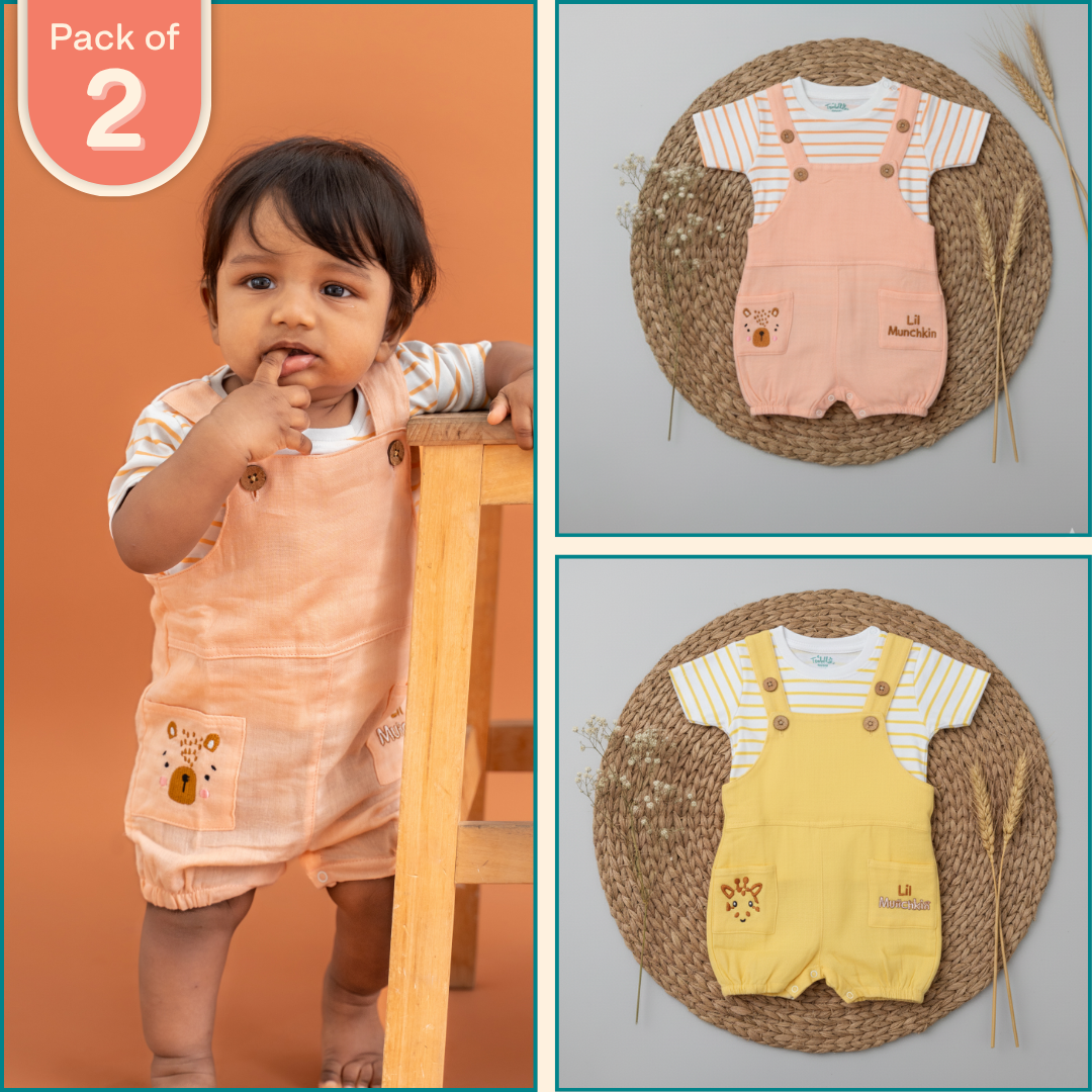 Teddyraff - Crinkled Muslin Dungarees Pack of 2