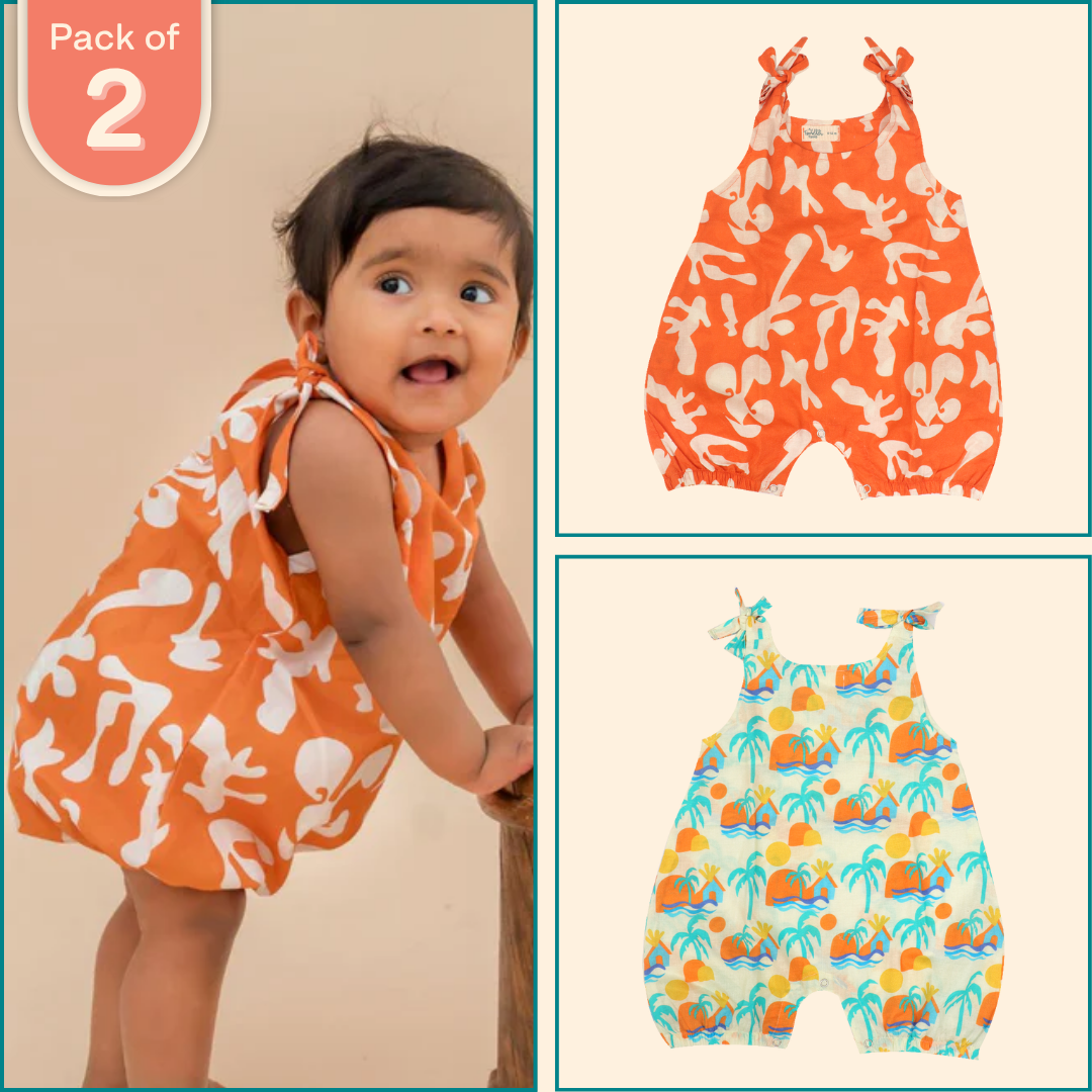 Lilsplash - Mulmul Cotton Knot Type Romper Pack of 2