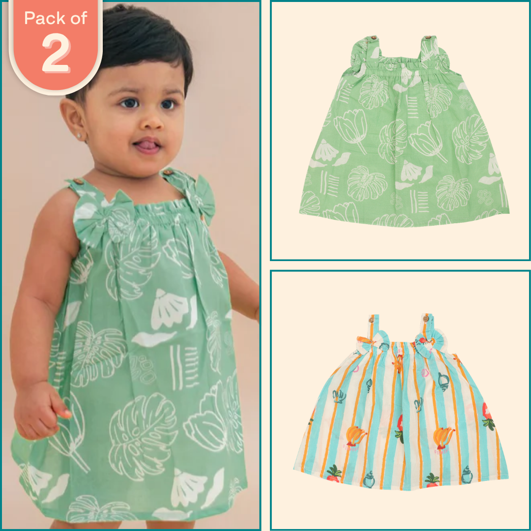 Breezicano - Mulmul Cotton Sleeveless Bow Frock Pack of 2