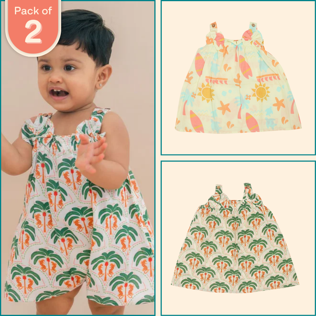 Breezicano - Mulmul Cotton Sleeveless Bow Frock Pack of 2