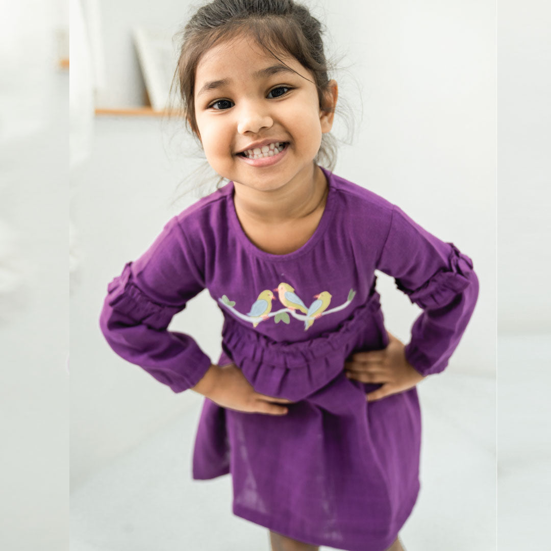 Purple Bird Full Sleeve Muslin Frock