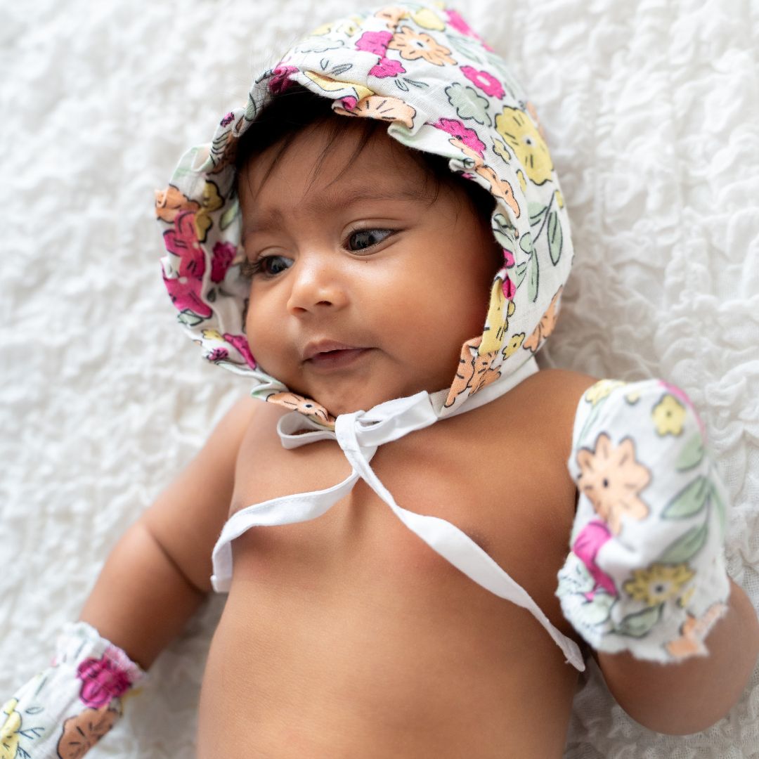 Flora Pixels - Muslin Cap, Mittens and Booties