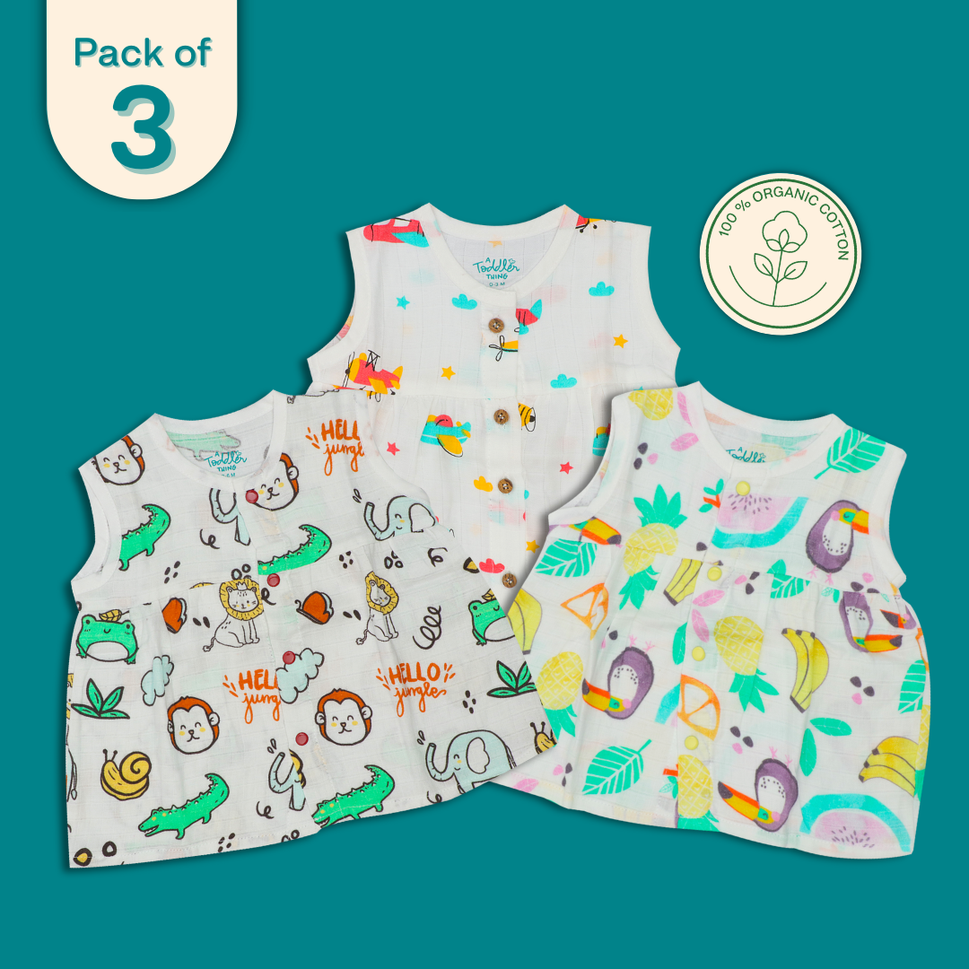 Muslin Sleeveless Frock - Pack of 3