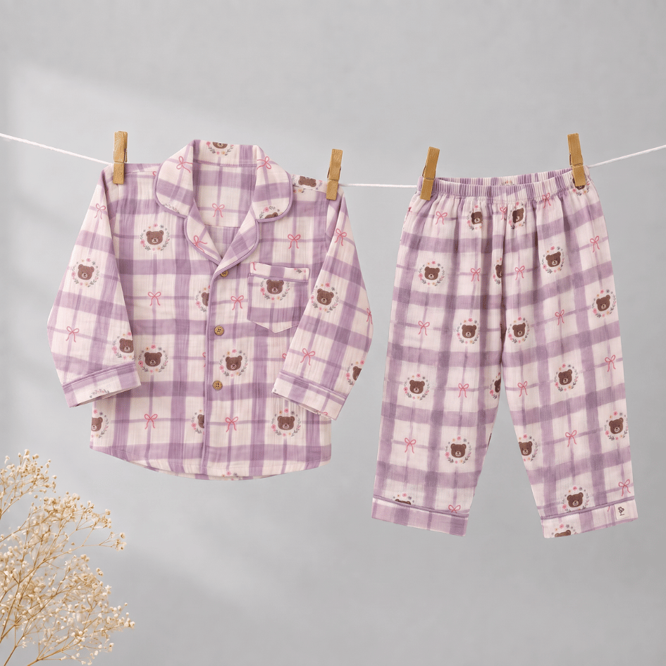 Teddy Squares - Double Muslin Sleepsuit