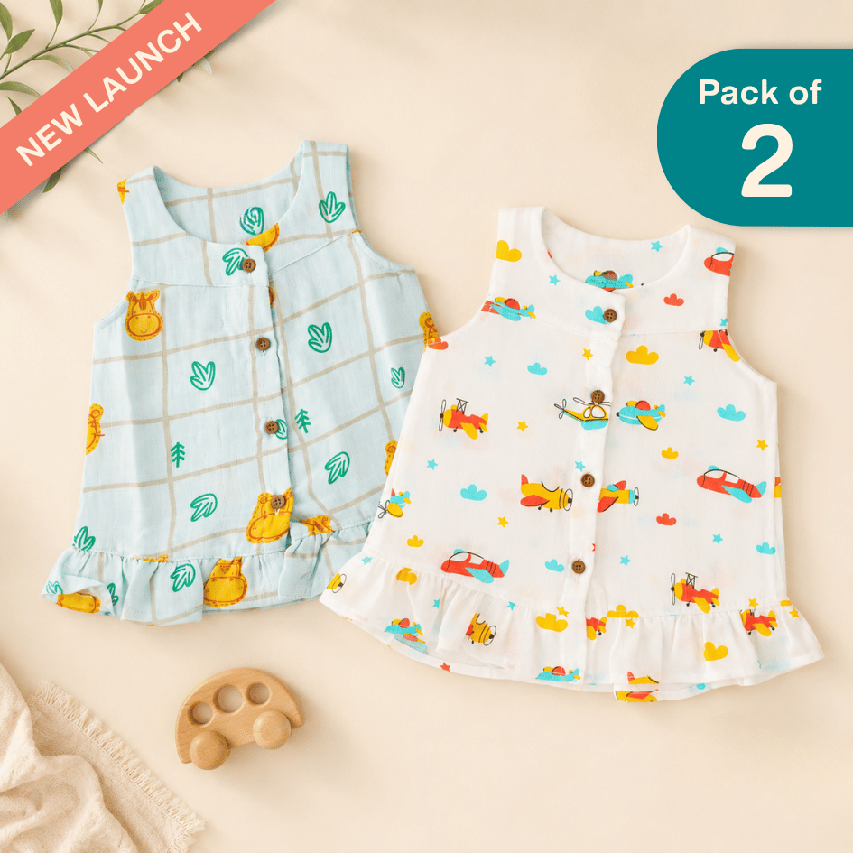 Sugar Stone - Muslin Sleeveless A-Line Frock (Pack of 2)