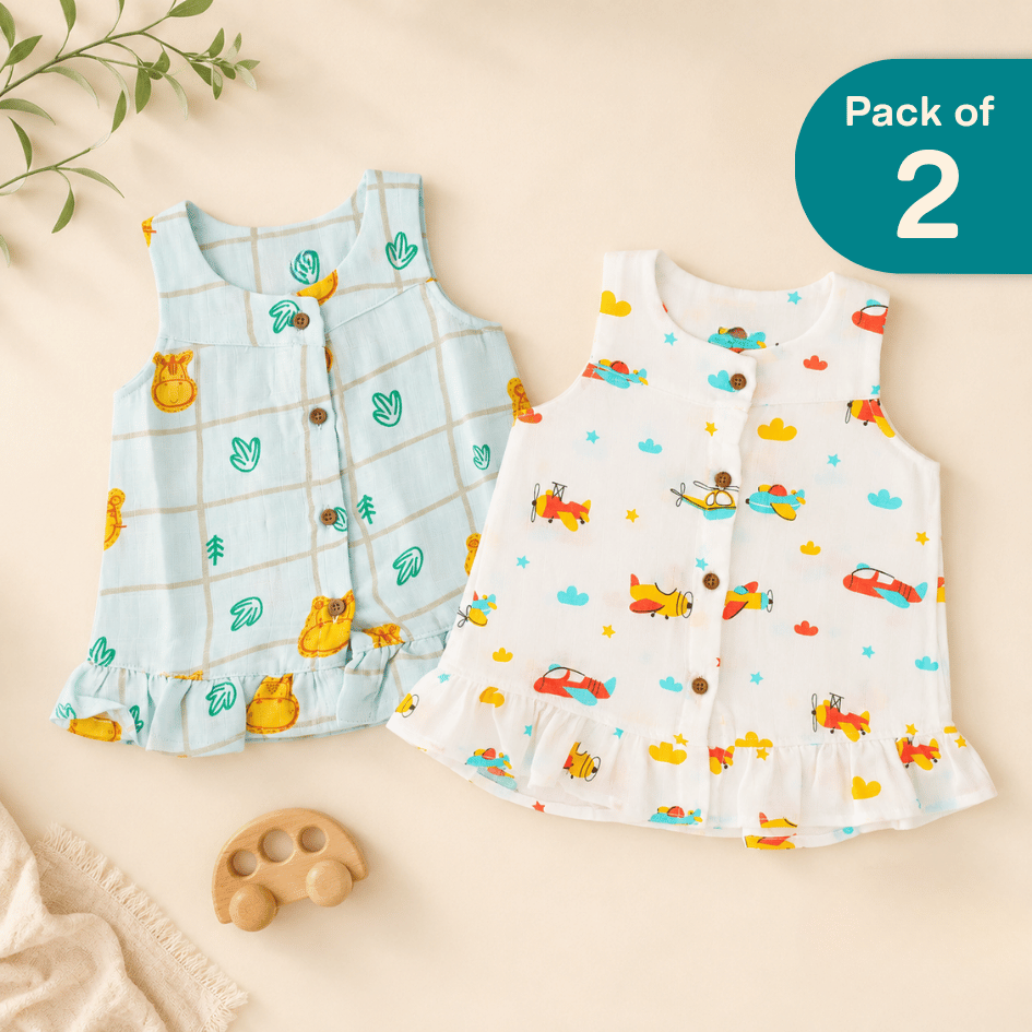 Sugar Stone - Muslin Sleeveless A-Line Frock (Pack of 2)
