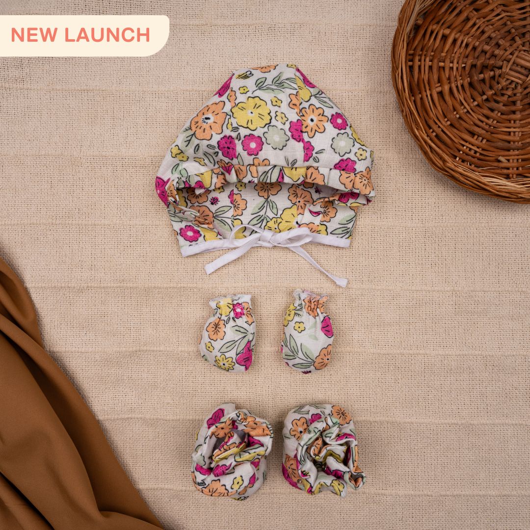 Flora Pixels - Muslin Cap, Mittens and Booties