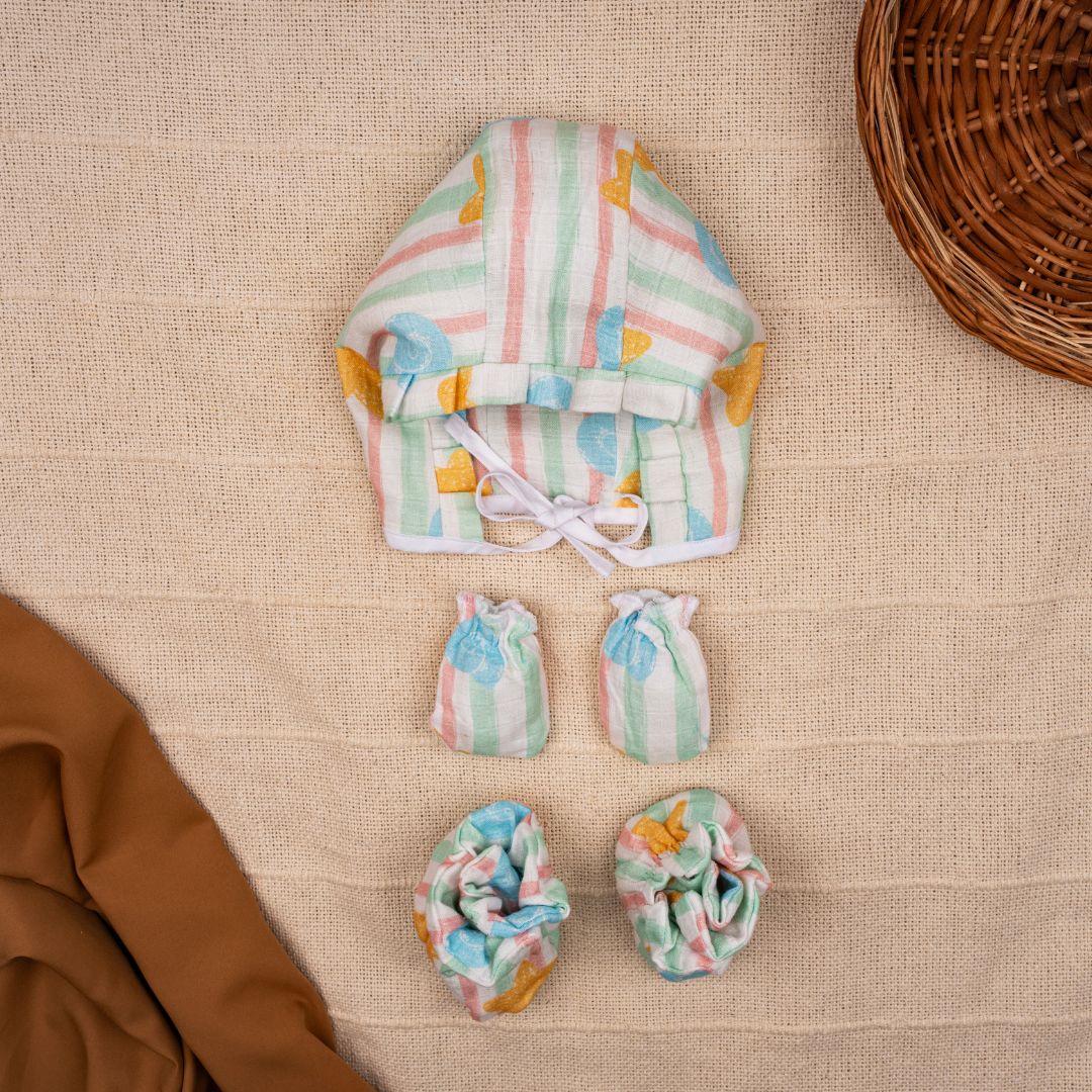 Flora Pixels - Muslin Cap, Mittens and Booties