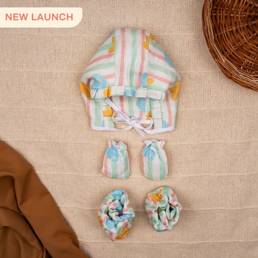 Flora Pixels - Muslin Cap, Mittens and Booties