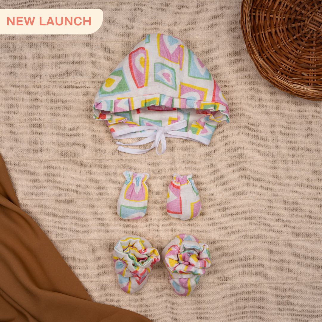Flora Pixels - Muslin Cap, Mittens and Booties