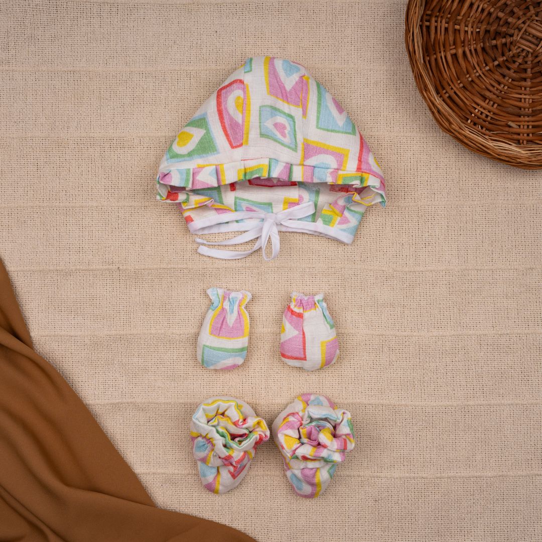 Flora Pixels - Muslin Cap, Mittens and Booties