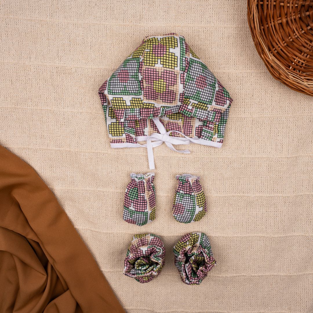 Flora Pixels - Muslin Cap, Mittens and Booties