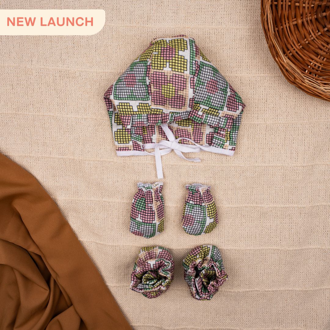 Flora Pixels - Muslin Cap, Mittens and Booties