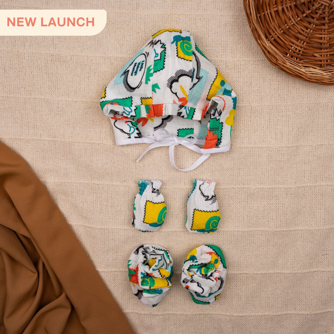 Flora Pixels - Muslin Cap, Mittens and Booties