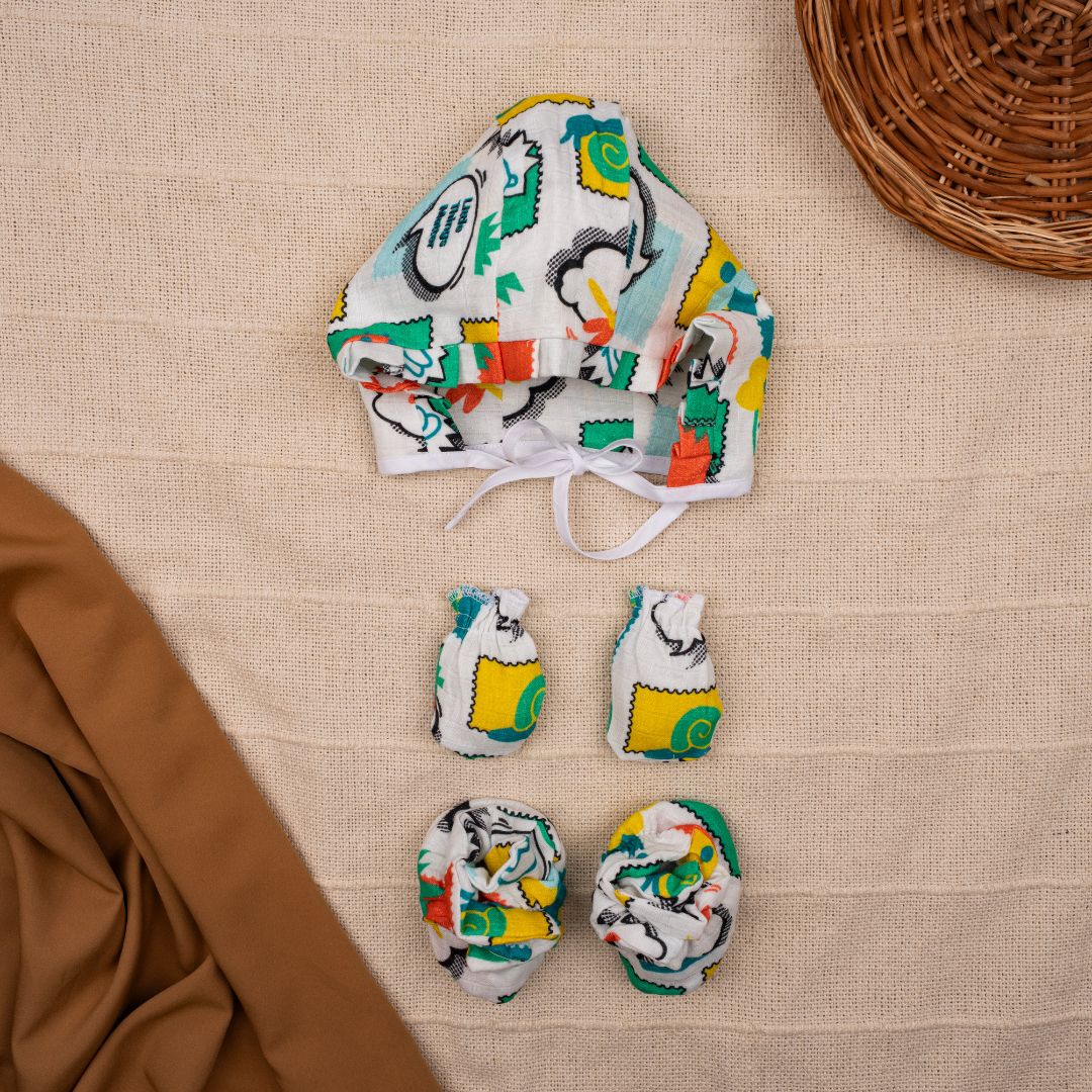 Flora Pixels - Muslin Cap, Mittens and Booties