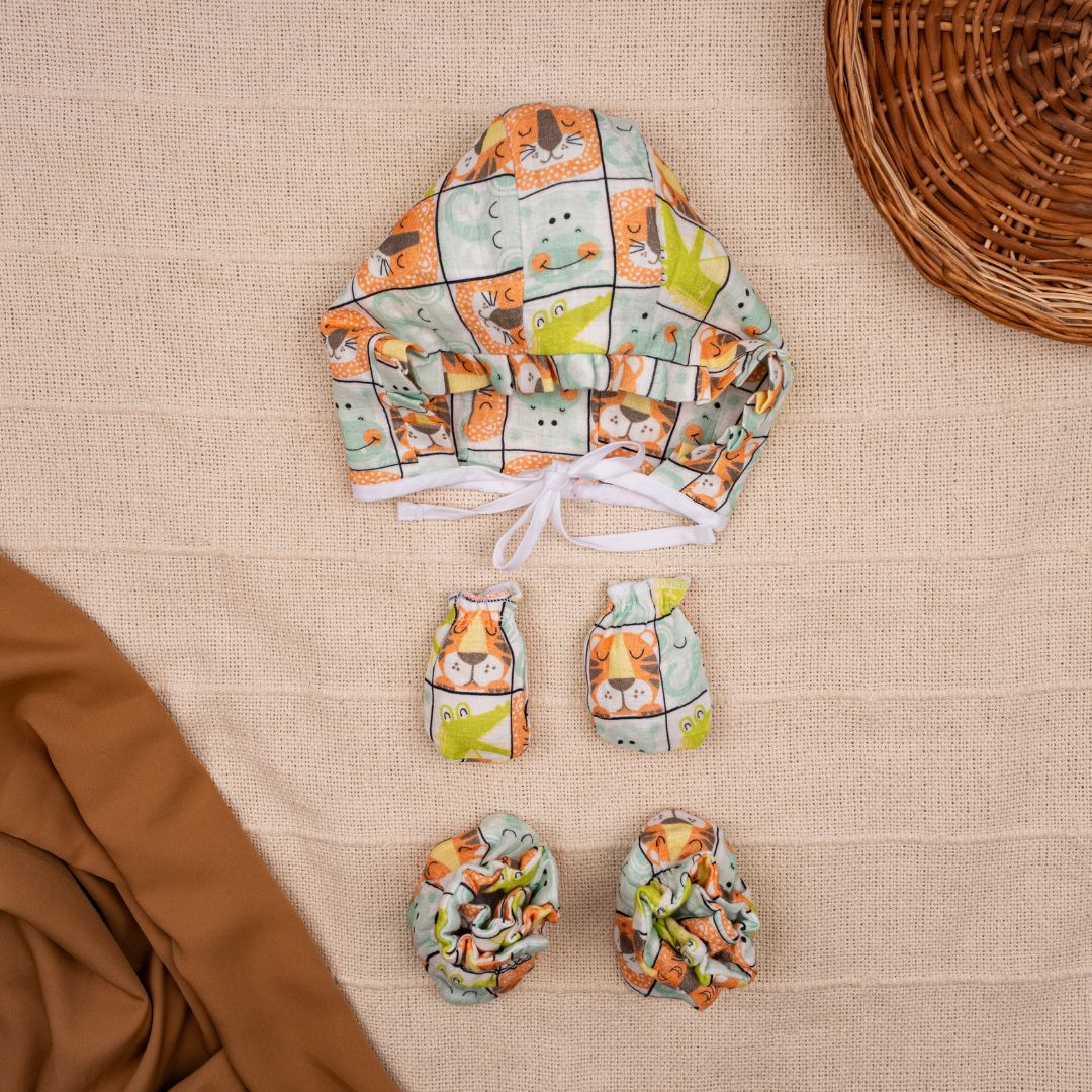 Flora Pixels - Muslin Cap, Mittens and Booties