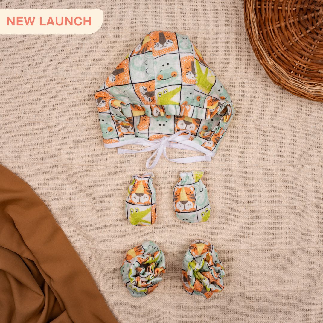 Flora Pixels - Muslin Cap, Mittens and Booties