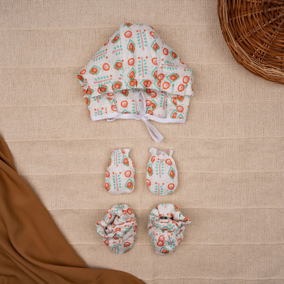 Flora Pixels - Muslin Cap, Mittens and Booties