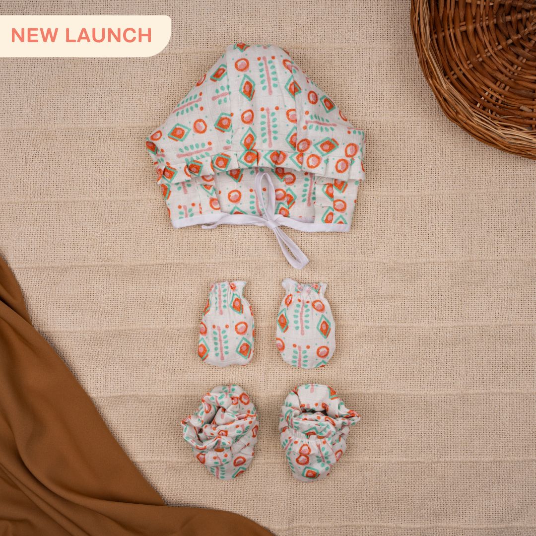 Flora Pixels - Muslin Cap, Mittens and Booties