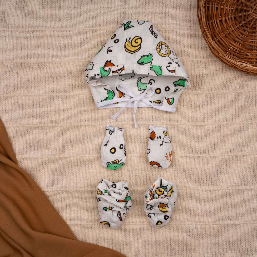 Flora Pixels - Muslin Cap, Mittens and Booties
