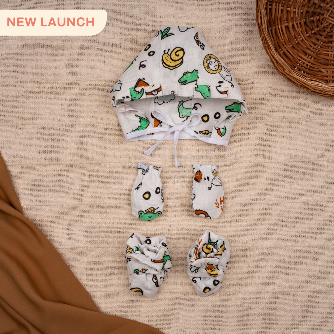 Flora Pixels - Muslin Cap, Mittens and Booties