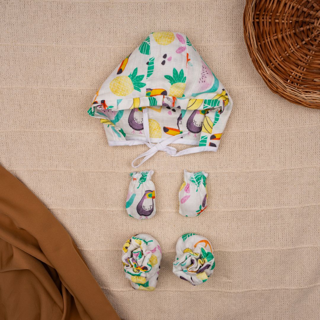 Flora Pixels - Muslin Cap, Mittens and Booties