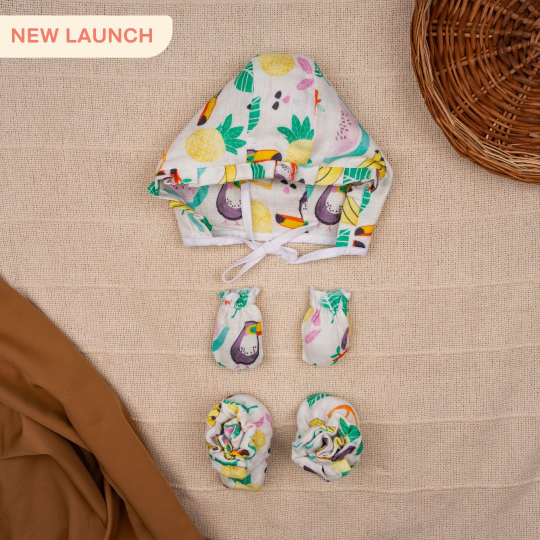 Flora Pixels - Muslin Cap, Mittens and Booties