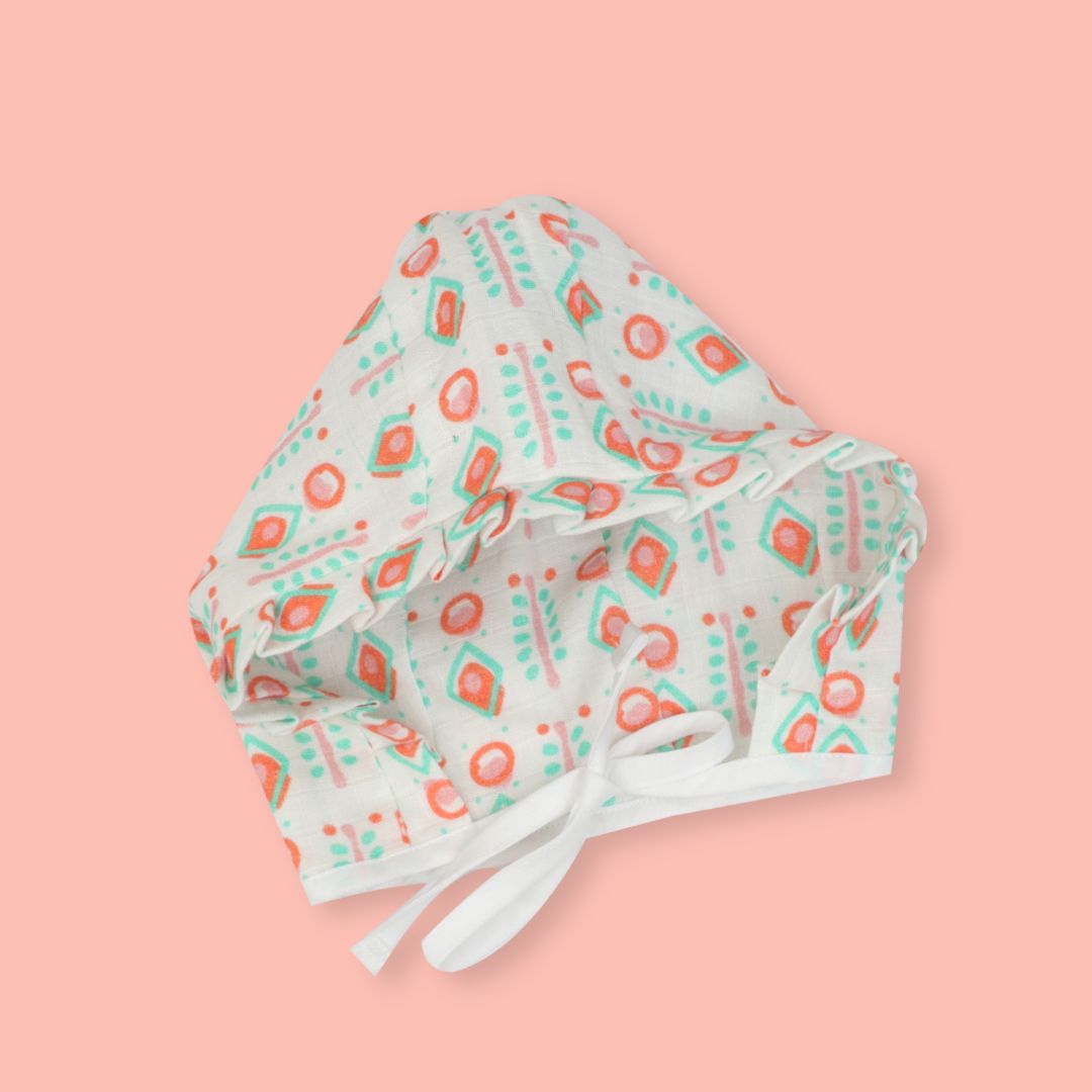 Flora Pixels - Muslin Cap, Mittens and Booties