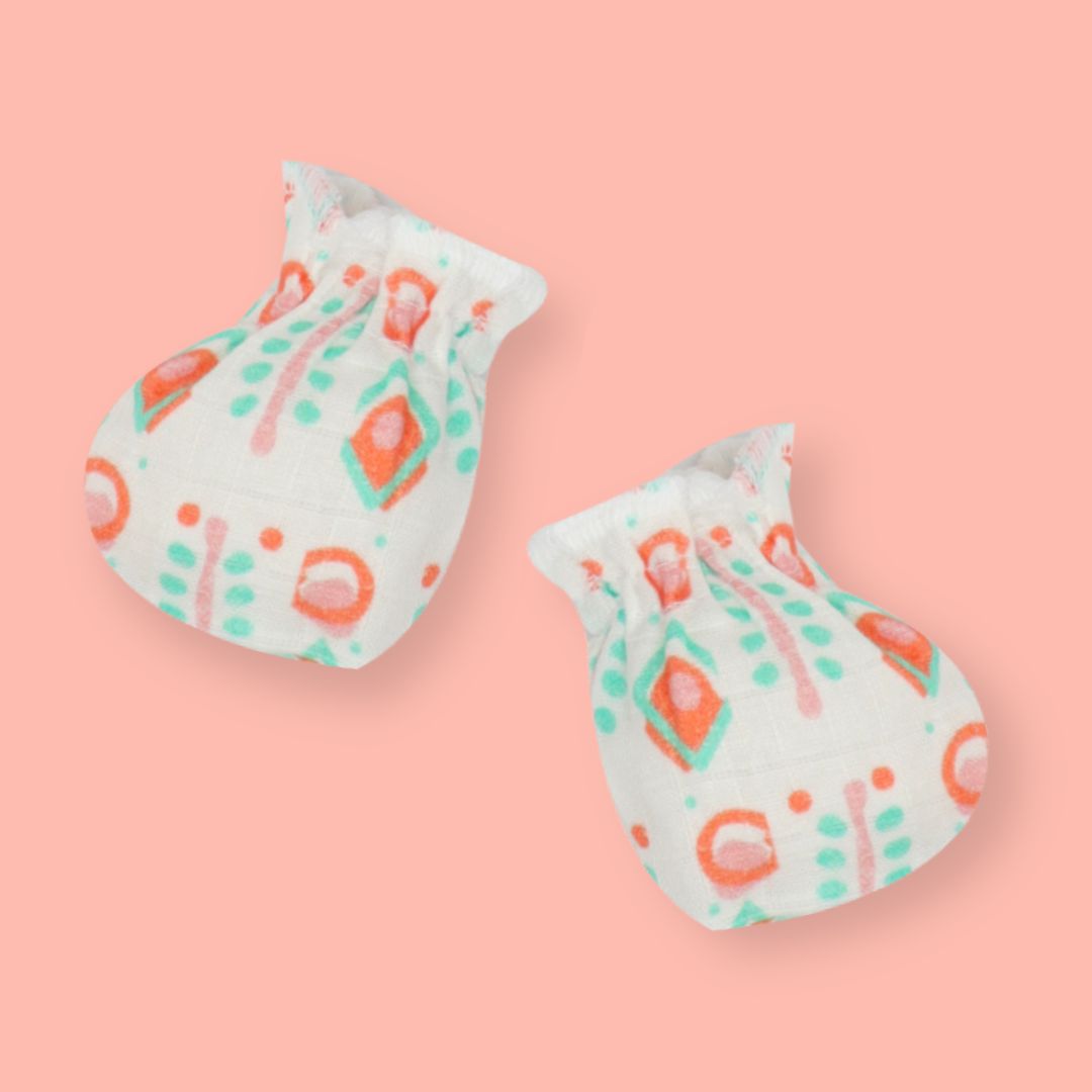 Flora Pixels - Muslin Cap, Mittens and Booties