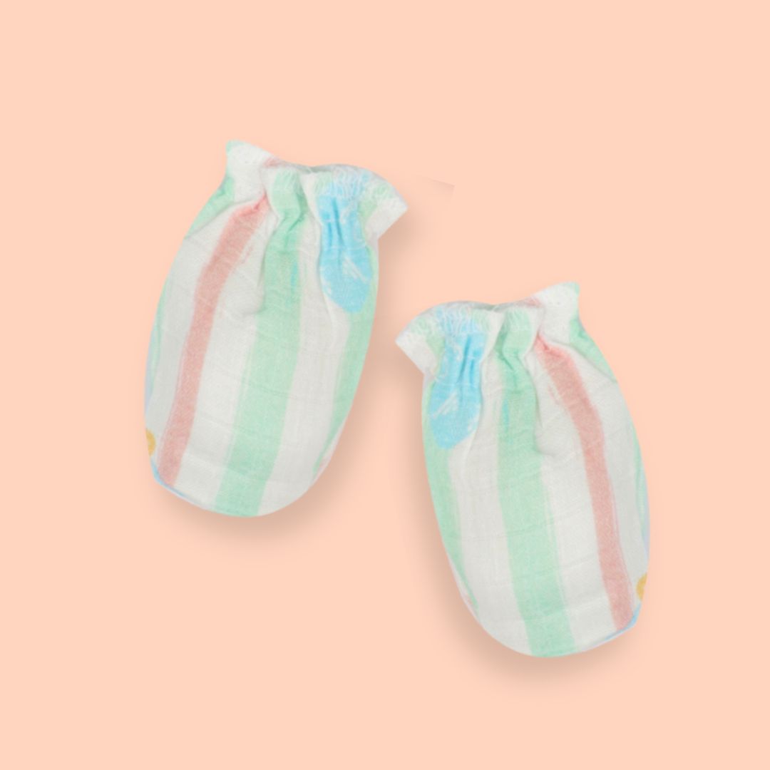 Flora Pixels - Muslin Cap, Mittens and Booties