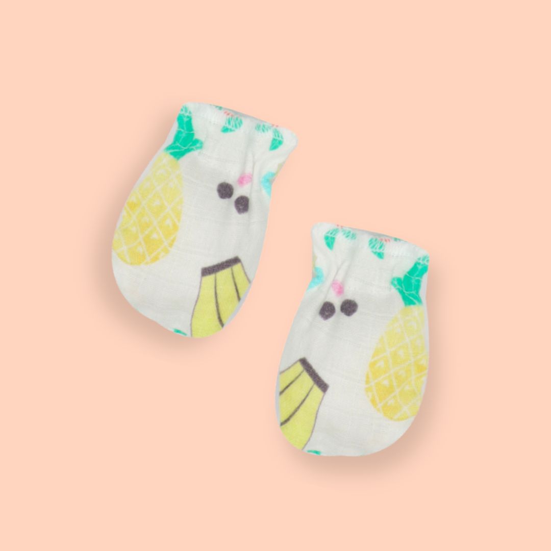 Flora Pixels - Muslin Cap, Mittens and Booties