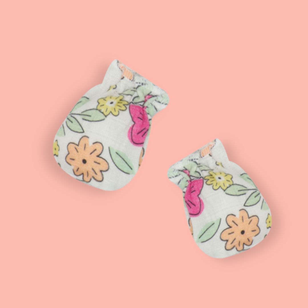 Flora Pixels - Muslin Cap, Mittens and Booties