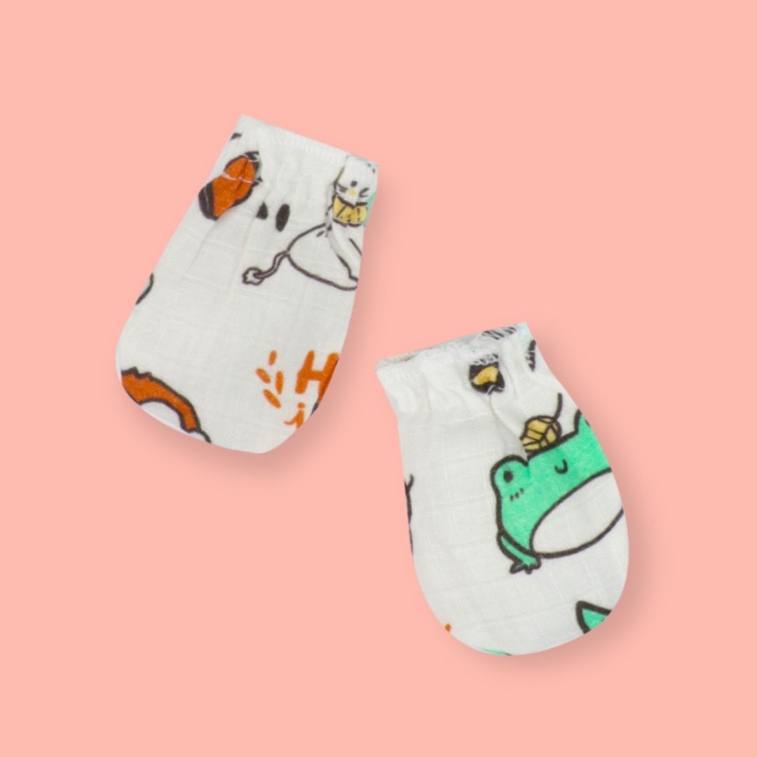 Flora Pixels - Muslin Cap, Mittens and Booties