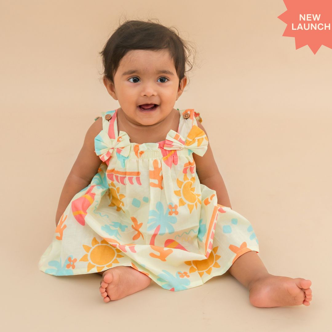 Citrus Splash - Mulmul Cotton Sleeveless Bow Frock