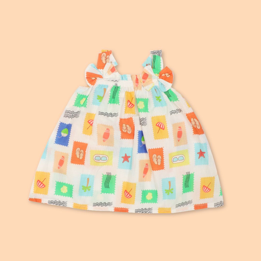 Sun & Surf - Mulmul Cotton Sleeveless Bow Frock