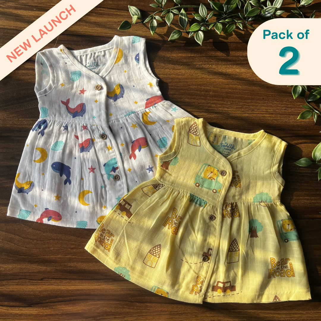 Juicy Fins - Muslin V neck Sleeveless Frock (Pack of 2)