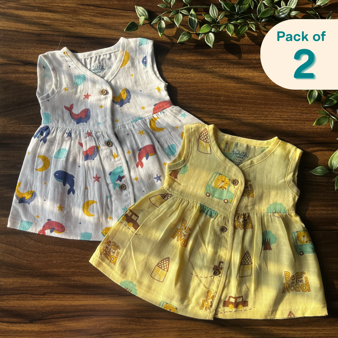 Juicy Fins - Muslin V neck Sleeveless Frock (Pack of 2)