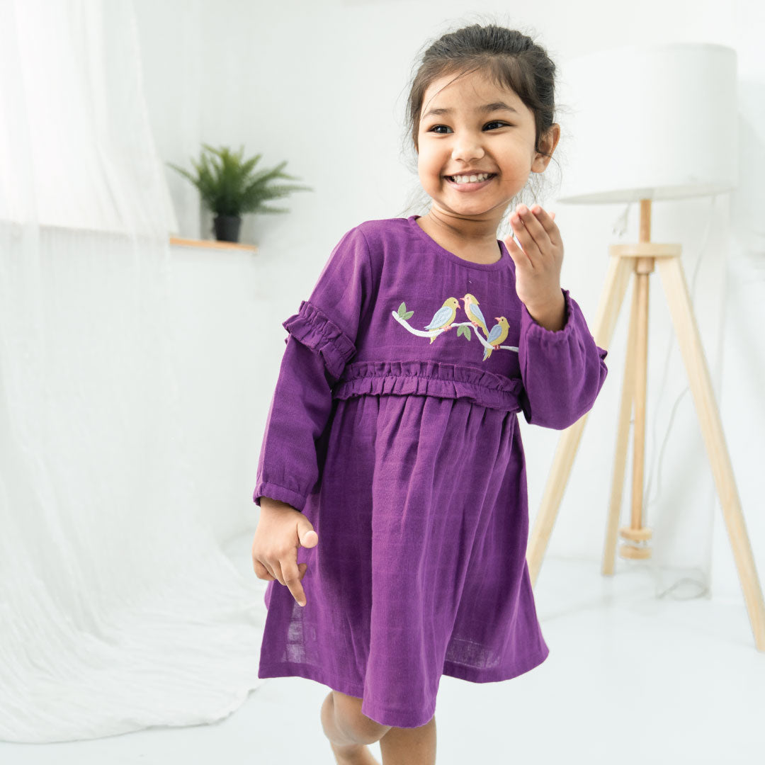 Baby Purple Bird Full Sleeve Muslin Frock