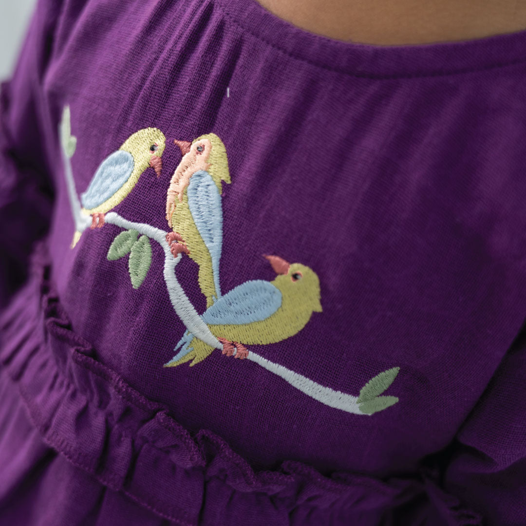 Purple Bird Full Sleeve Muslin Frock For Babies