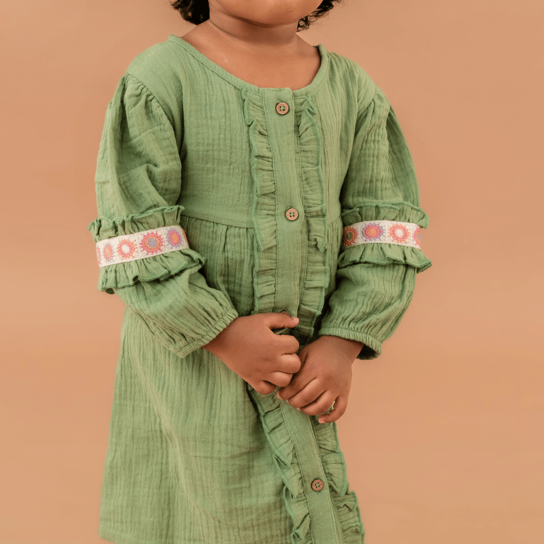 Olive Bloom - Crinkled Muslin Full Sleeve Frock