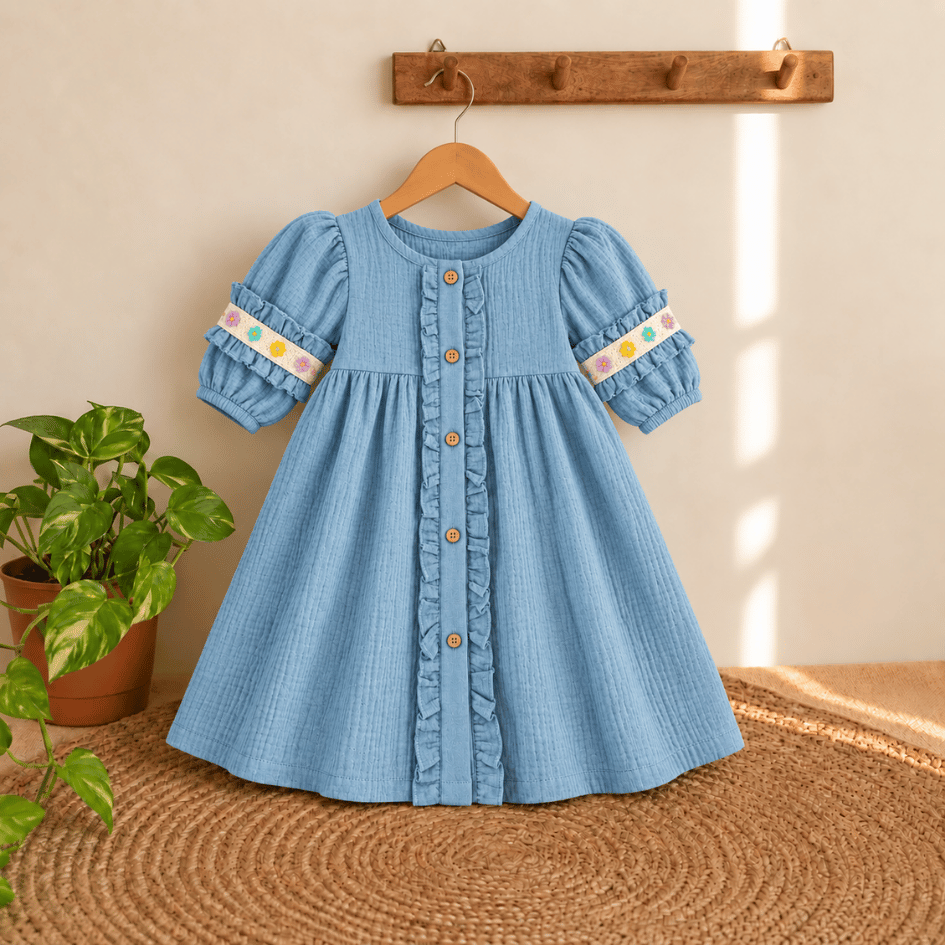 Sky Bloom - Crinkled Muslin Full Sleeve Frock