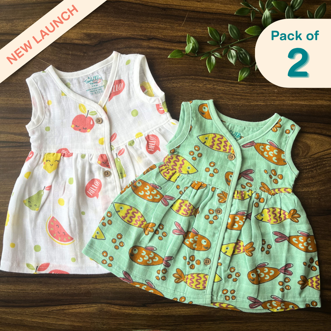 Juicy Fins - Muslin V neck Sleeveless Frock (Pack of 2)
