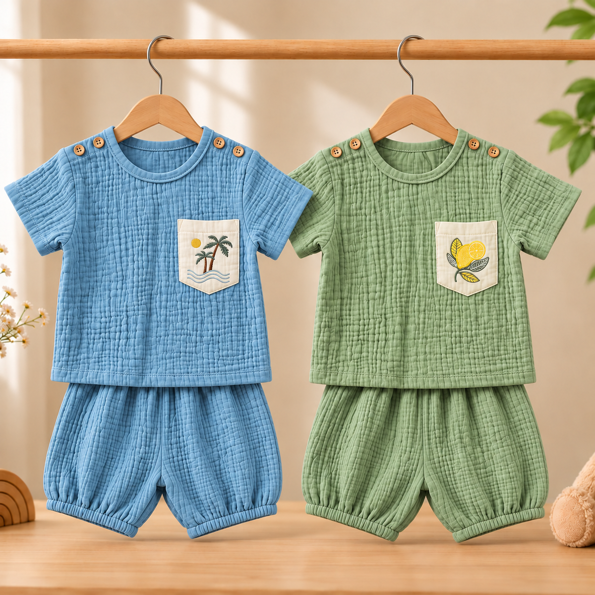 Camel Coast - Crinkled Muslin Co-ord Set with Pocket (Pack of 2)