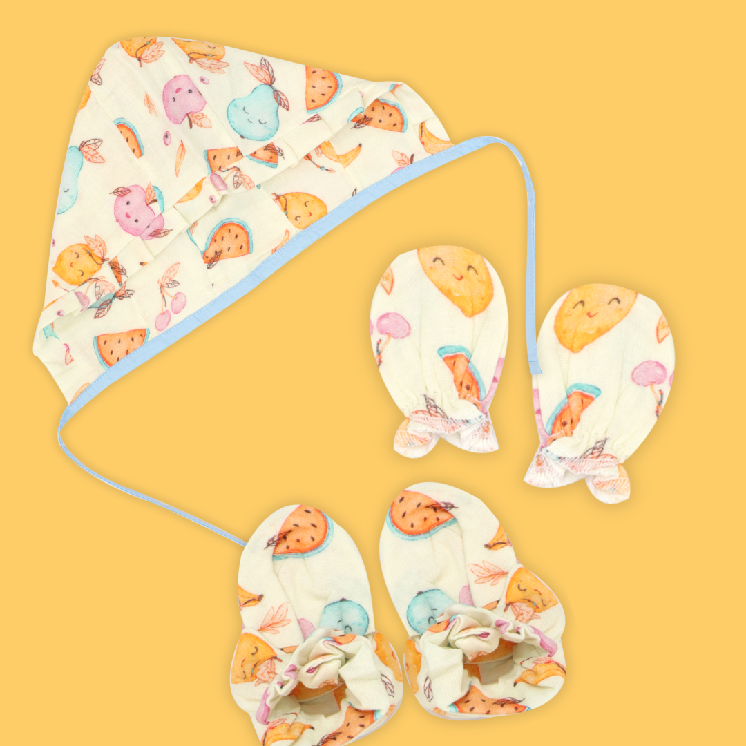 Juicy joy - Muslin Cap, Mittens and Booties