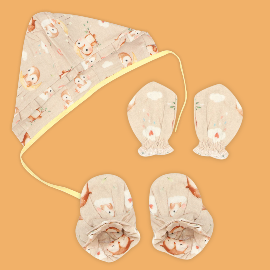 Owl Dreams - Muslin Cap, Mittens and Booties
