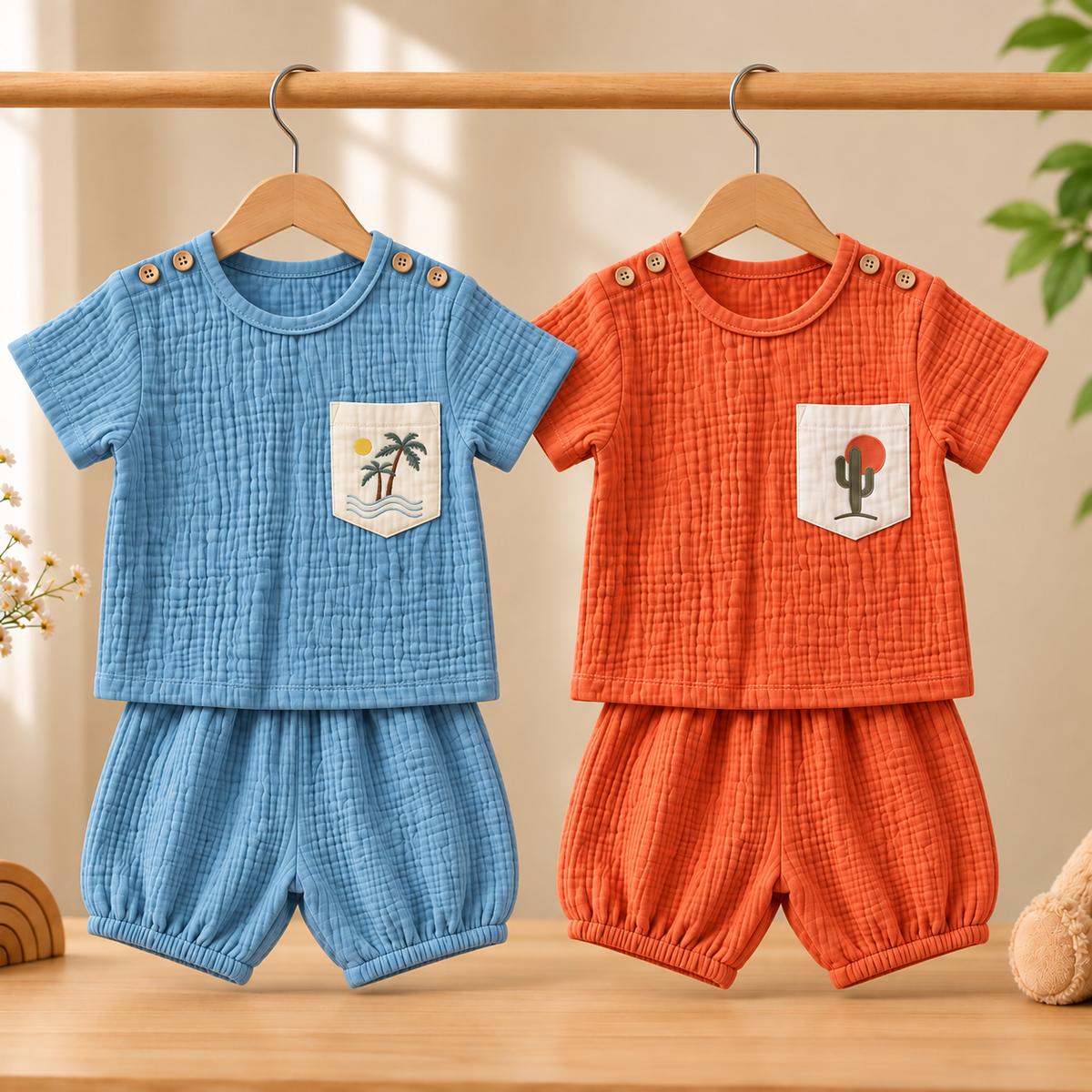 Camel Coast - Crinkled Muslin Co-ord Set with Pocket (Pack of 2)