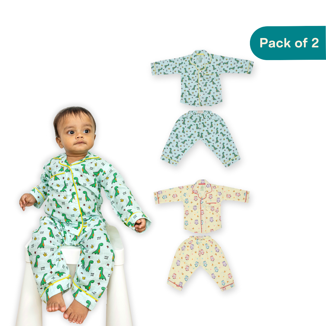 Hoots and Dino Boots (Pack of 2) - Muslin Full Sleeve Sleep Suit for babies and kids (Unisex)