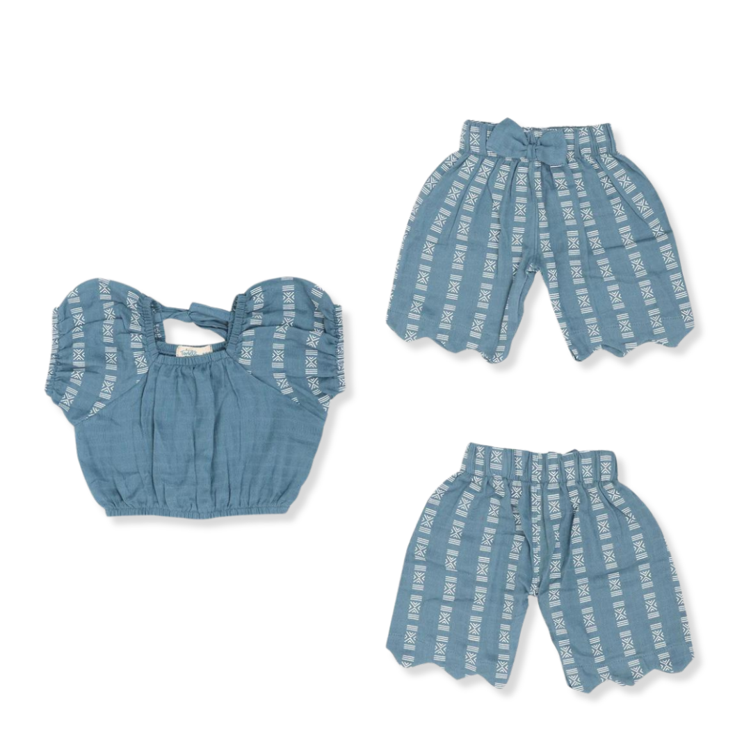 Indigo Mustard Puffed Co-ord sets for kids - Pack of 2