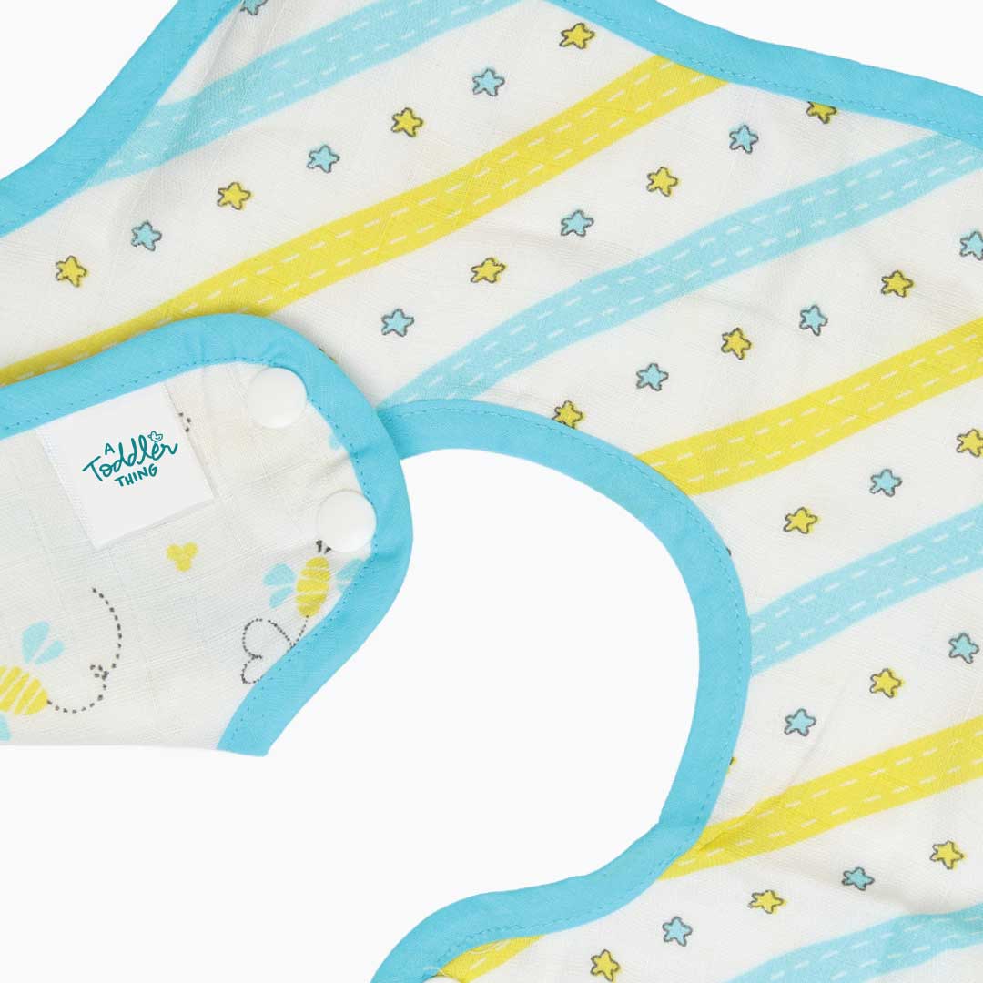 Buzzing bees  - Reversible Bib 0 To 12 Months (Organic Muslin Cotton)